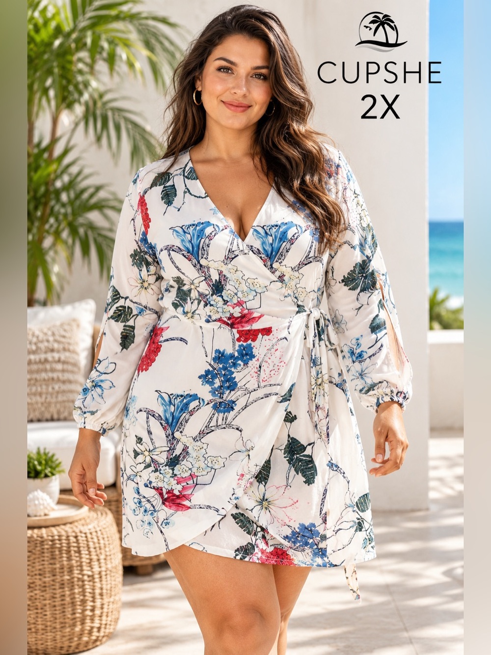 CUPSHE 2X White Floral Wrap Plus Size Mini Dress NWT